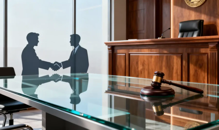 Stylized handshake over a table with a gavel and judge's bench, representing the decision between settlement and litigation.